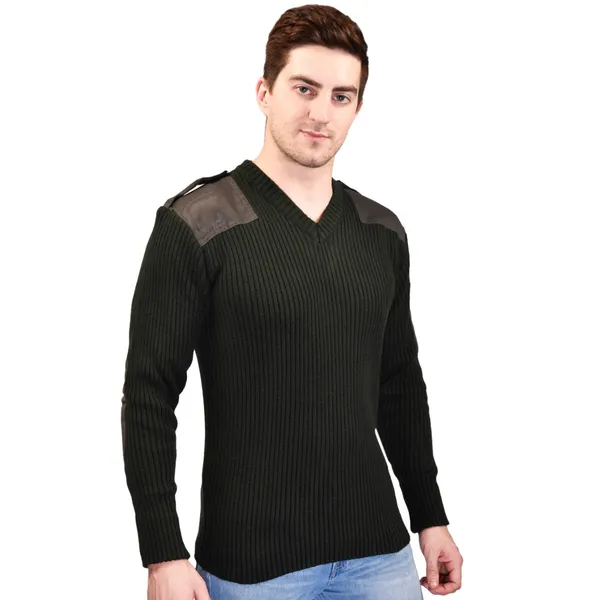 Dark_Olive_Green_Raymond_Indian_Army_Patch_Style_Uniform_Stretchable_Woolen_Full_Sleeves_V_Neck_Pullover_Jersey_Sweater_Sweatshirt_Army_Military_Defence_Police_For_Men
