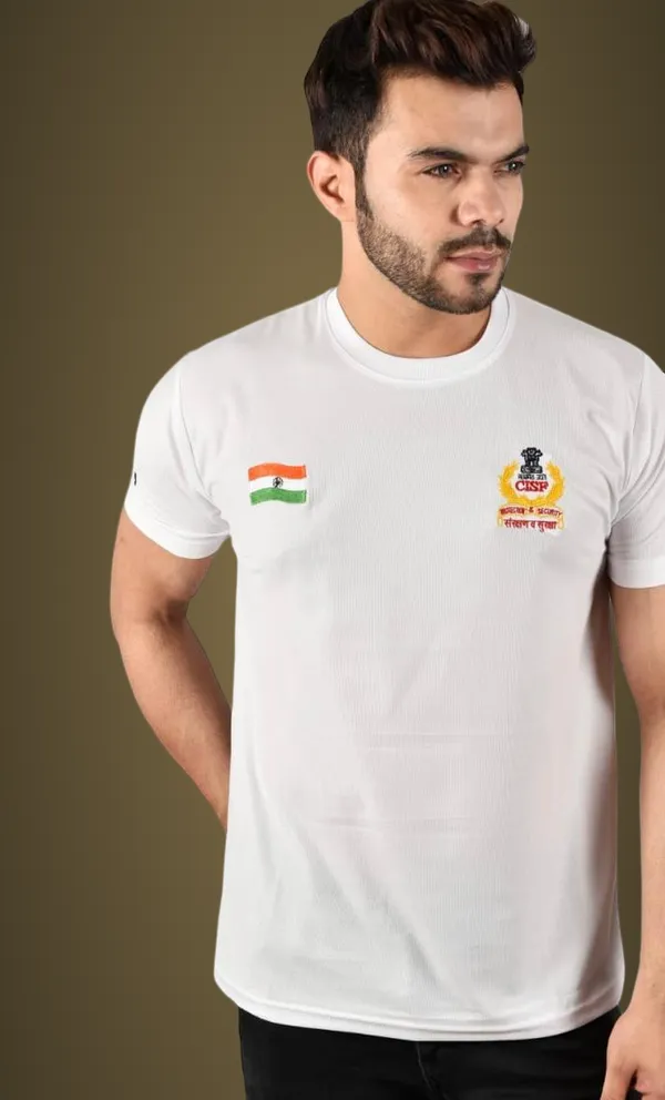 White_Cisf_Indian_National_Flag_Tiranga_Logo_Round_Neck_T_Shirt_Half_Sleeve_Army_Military_Defence_For_Men