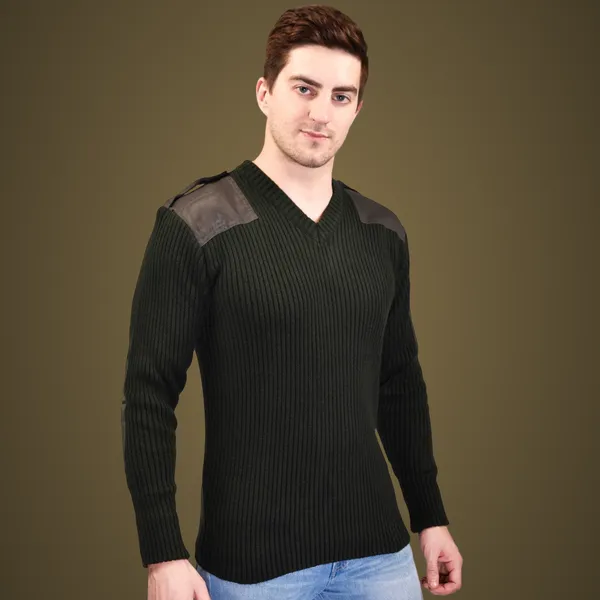 Dark_Olive_Green_Raymond_Indian_Army_Patch_Style_Uniform_Stretchable_Woolen_Full_Sleeves_V_Neck_Pullover_Jersey_Sweater_Sweatshirt_Army_Military_Defence_Police_For_Men
