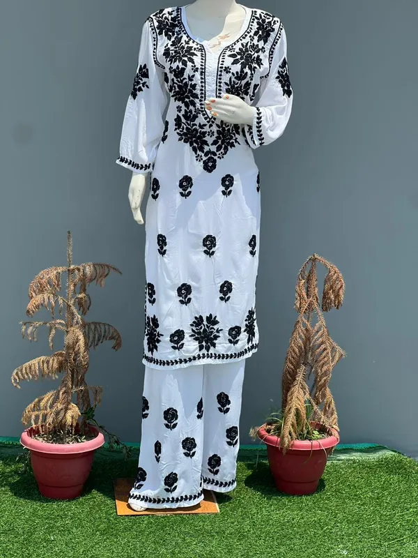 White_Modal_Kurta_Palazzo_Set_With_Chikankari