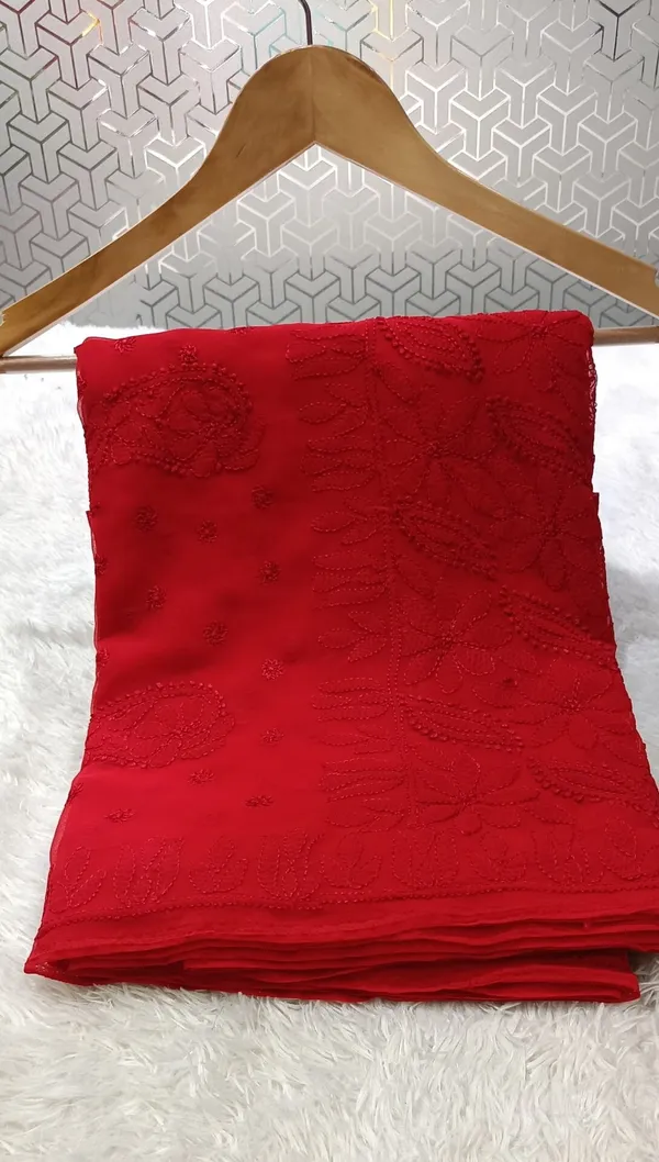 Red_Chikankari_Saree_With_Resham_Thread_Embroidery