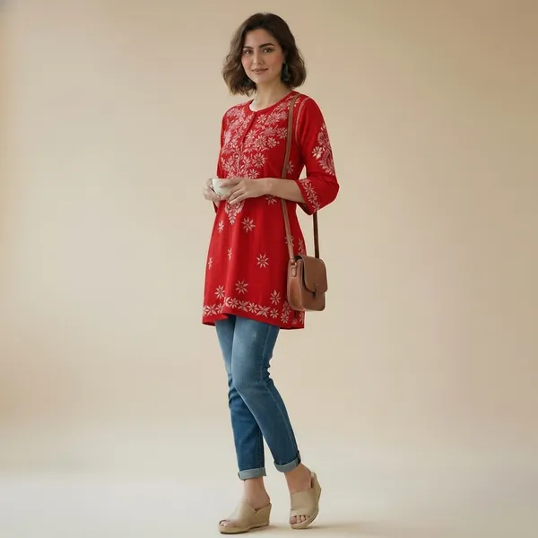 Red_Cotton_Floral_Embroidered_Straight_Tunic_For_Women