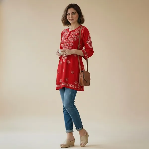 Red_Cotton_Floral_Embroidered_Straight_Tunic_For_Women