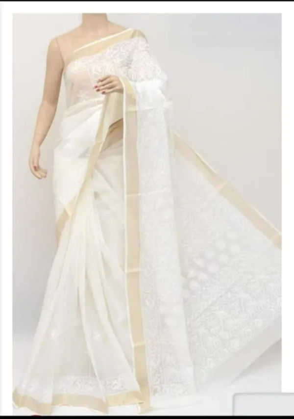 White_Kota_Cotton_Saree_With_Chikankari_Hand_Embroidery