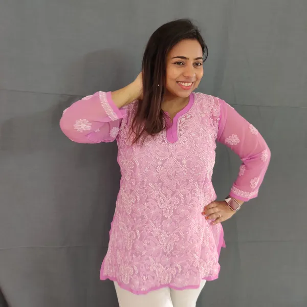 Pink_Georgette_Chikankari_Short_Kurti_With_Hand_Embroidery