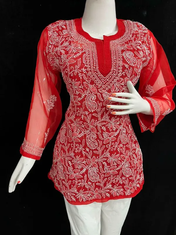 Red_Georgette_Chikankari_Short_Kurti_With_Hand_Embroidery