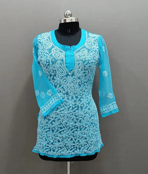 Blue_Georgette_Chikankari_Short_Kurti_With_Hand_Embroidery