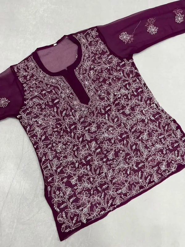 Wine_Georgette_Chikankari_Short_Kurti_With_Hand_Embroidery