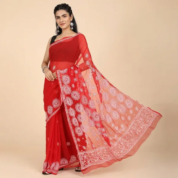 Red_Georgette_White_Embroidered_Saree_For_Women