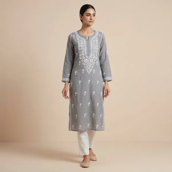Grey_Cotton_Chikankari_Embroidered_Straight_Kurta_For_Women