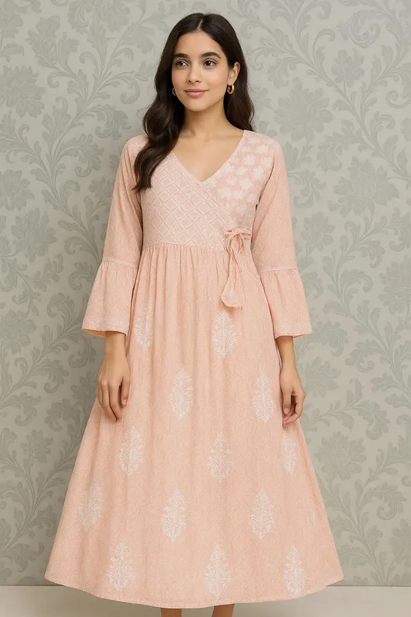 Pink_Peach_Printed_Rayon_Chikankari_Angrakha_Kurta