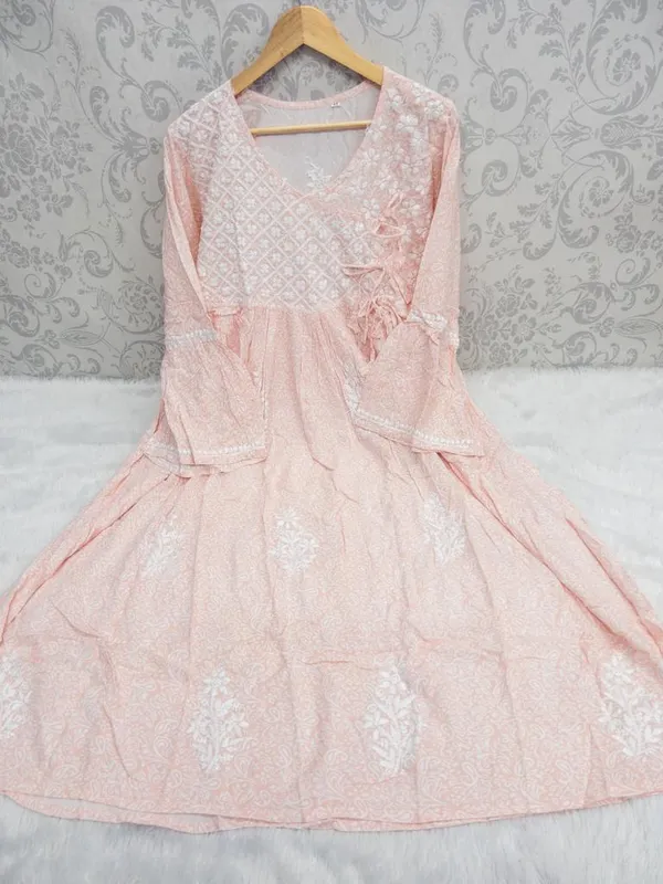 Pink_Peach_Printed_Rayon_Chikankari_Angrakha_Kurta