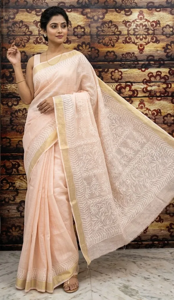 Peach_Kota_Cotton_Saree_With_Chikankari_Hand_Embroidery