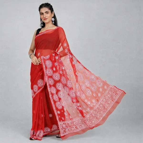 Red_Georgette_White_Embroidered_Saree_For_Women