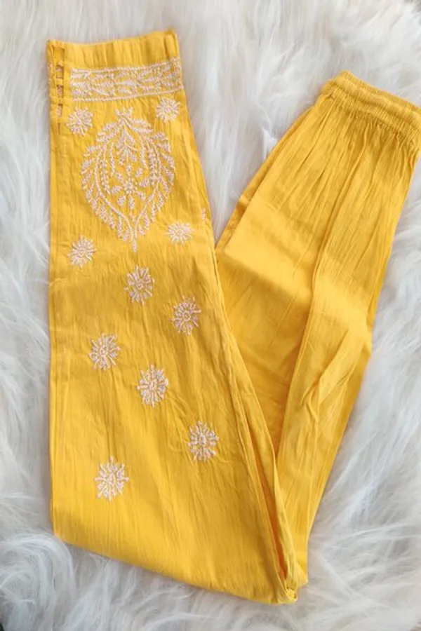 Yellow_Chikankari_Cotton_Pant_With_Hand_Embroidery