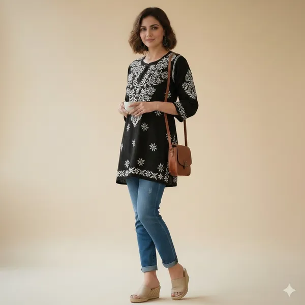 Black_Cotton_Chikankari_Embroidered_Short_Kurti_For_Women