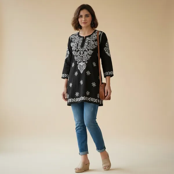 Black_Cotton_Chikankari_Embroidered_Short_Kurti_For_Women
