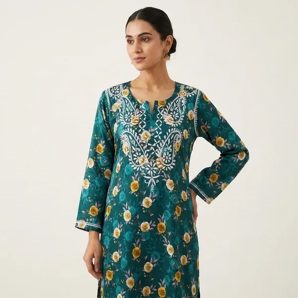 Teal_Floral_Print_Embroidered_Straight_Kurta_For_Women