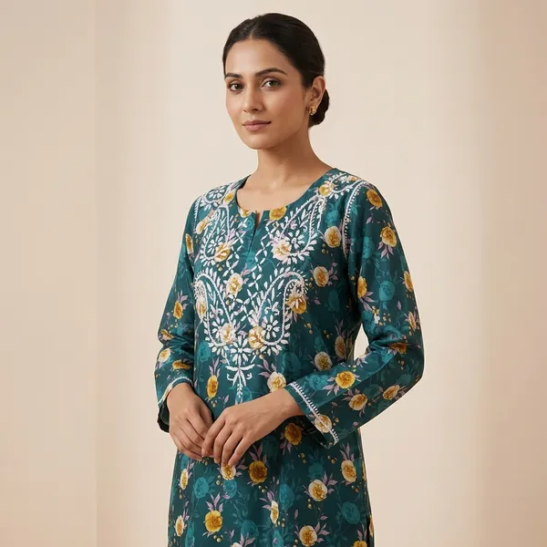 Teal_Floral_Print_Embroidered_Straight_Kurta_For_Women