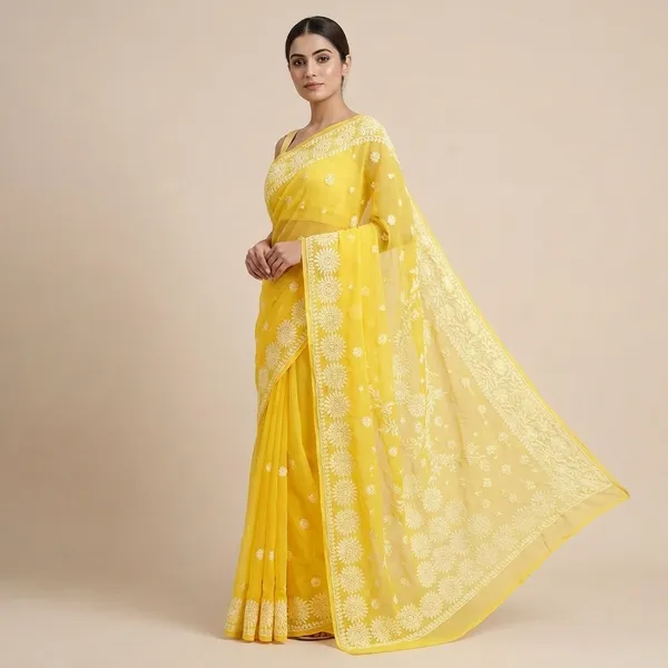 Yellow_Georgette_Floral_Woven_Border_Saree_For_Women