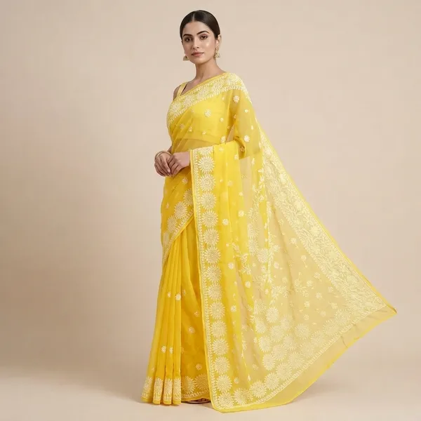 Yellow_Georgette_Floral_Woven_Border_Saree_For_Women