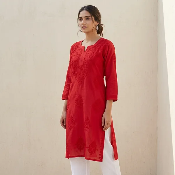 Red_Cotton_Chikankari_Embroidered_Straight_Kurta_For_Women