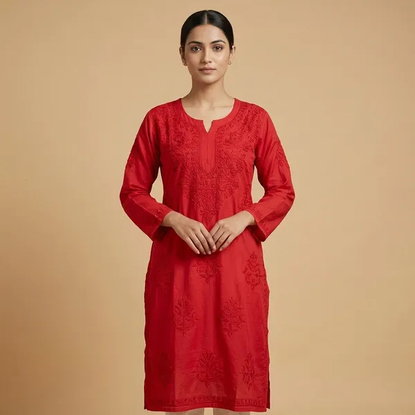 Red_Cotton_Chikankari_Embroidered_Straight_Kurta_For_Women