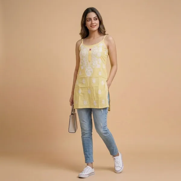 Yellow_Cotton_Chikankari_Embroidered_Sleeveless_Top_For_Women