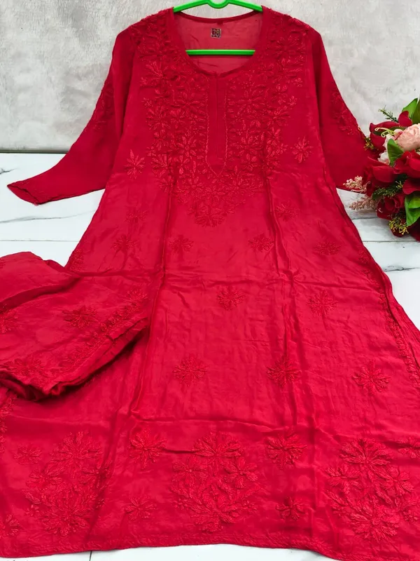 Red_Chanderi_Kurta_Palazzo_Set_With_Chikankari_Hand_Embroidery