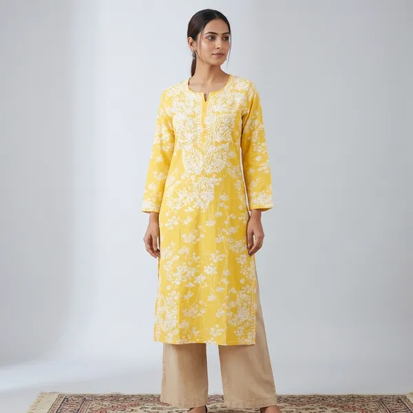 Yellow_Cotton_Floral_Print_Chikankari_Embroidered_Kurta_For_Women
