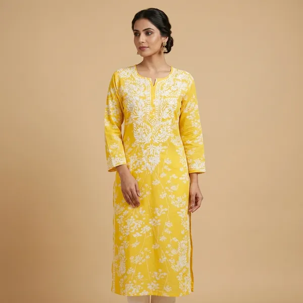 Yellow_Cotton_Floral_Print_Chikankari_Embroidered_Kurta_For_Women
