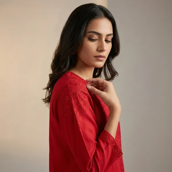 Red_Chanderi_Kurta_Palazzo_Set_With_Chikankari_Hand_Embroidery