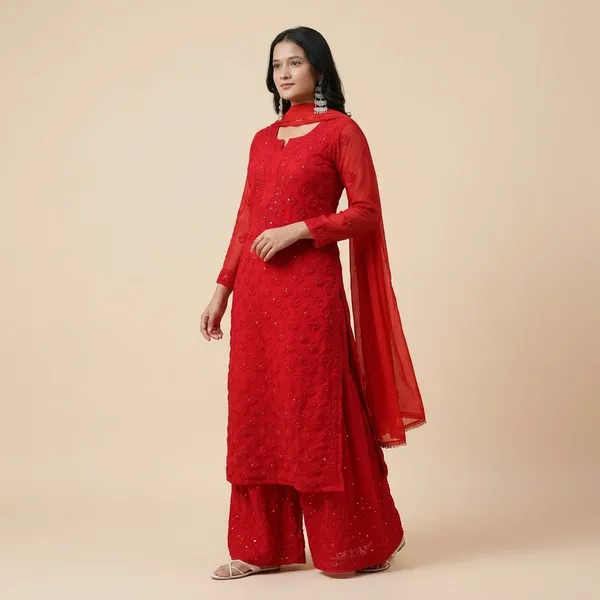 Red_Partywear_Red_Kurta_Set_With_Chikankari_Mukaish