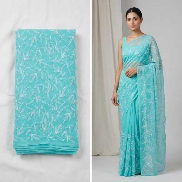 Sea_Green_Chikankari_Georgette_Saree_With_Tepchi_Embroidery