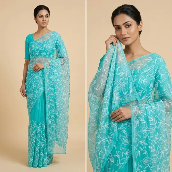 Sea_Green_Chikankari_Georgette_Saree_With_Tepchi_Embroidery