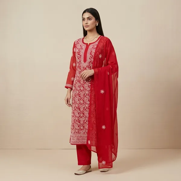 Red_Georgette_Chikankari_Suit_Piece_With_Hand_Embroidery