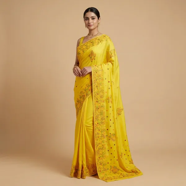 Yellow_Chikankari_Saree_With_Resham_Thread_Embroidery