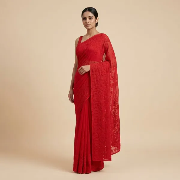 Red_Chikankari_Saree_With_Resham_Thread_Embroidery