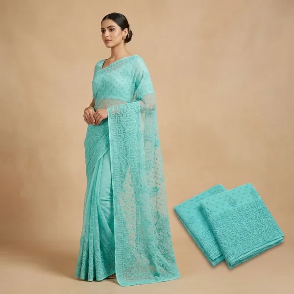 Blue_Chikankari_Saree_With_Resham_Thread_Embroidery