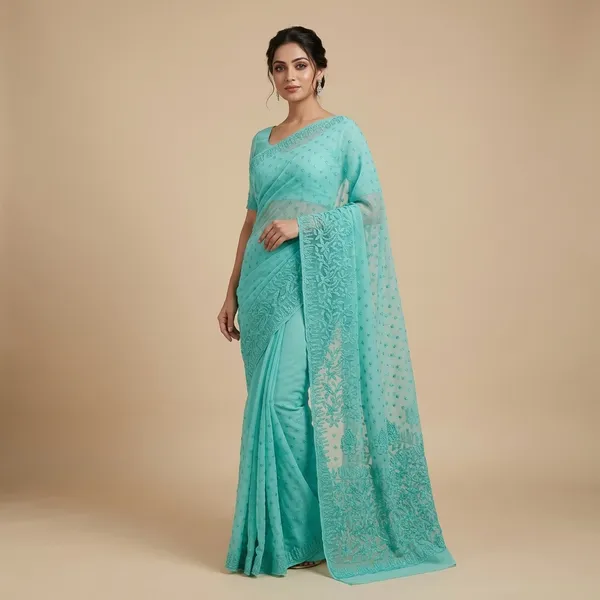 Blue_Chikankari_Saree_With_Resham_Thread_Embroidery
