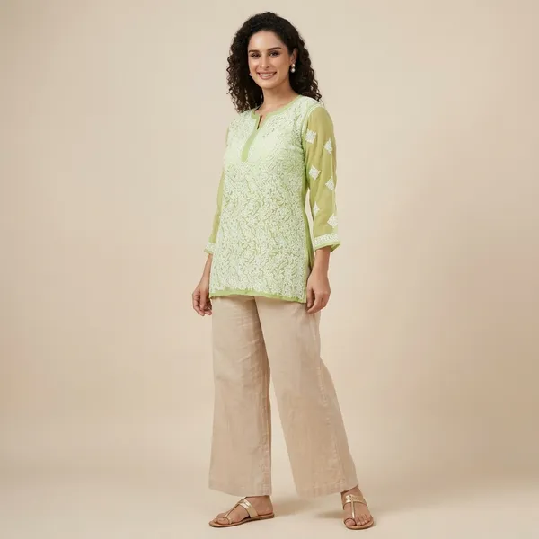 Green_Georgette_Chikankari_Short_Kurti_With_Hand_Embroidery