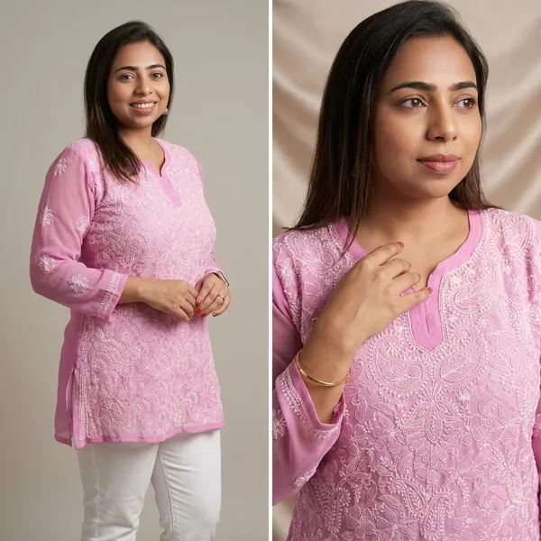 Pink_Georgette_Chikankari_Short_Kurti_With_Hand_Embroidery