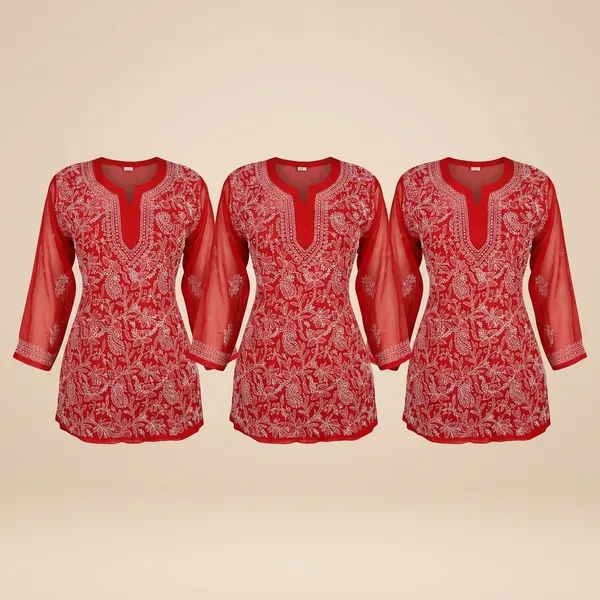 Red_Georgette_Chikankari_Short_Kurti_With_Hand_Embroidery