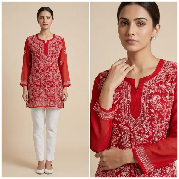 Red_Georgette_Chikankari_Short_Kurti_With_Hand_Embroidery