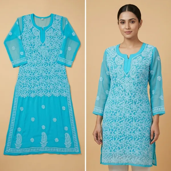 Blue_Georgette_Chikankari_Short_Kurti_With_Hand_Embroidery
