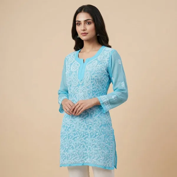 Blue_Georgette_Chikankari_Short_Kurti_With_Hand_Embroidery