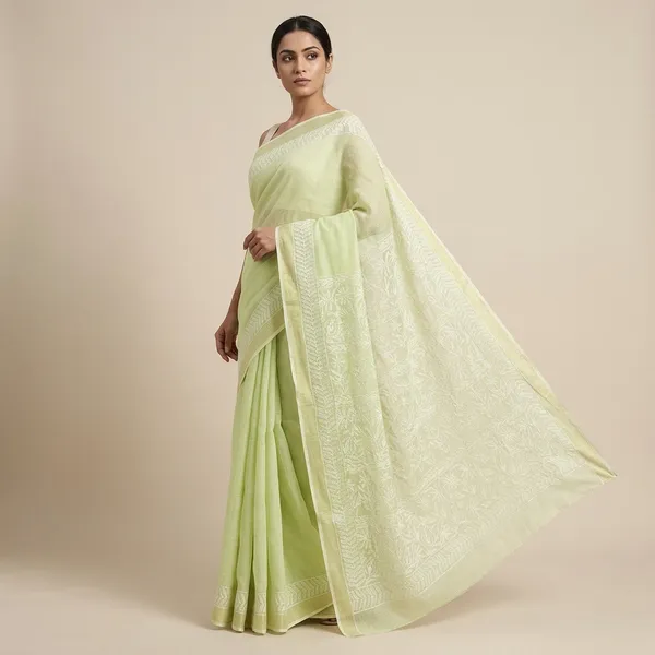Green_Kota_Cotton_Saree_With_Chikankari_Hand_Embroidery
