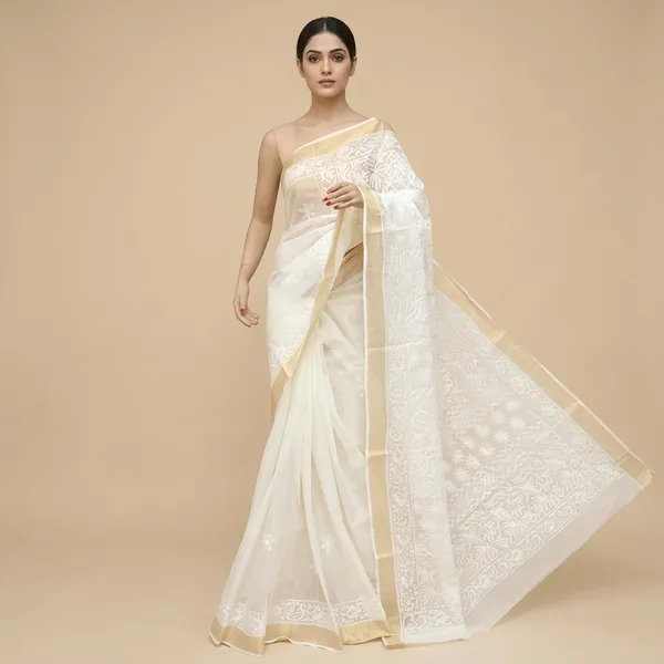 White_Kota_Cotton_Saree_With_Chikankari_Hand_Embroidery