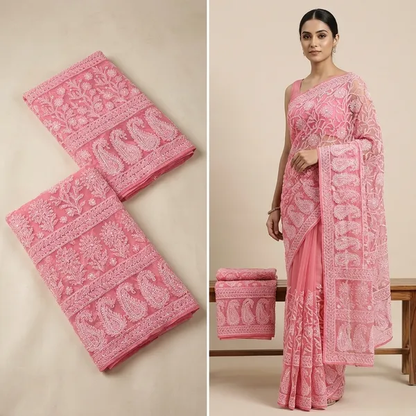 Coral_Pink_Chikankari_Saree_With_Jaal_Hand_Embroidery