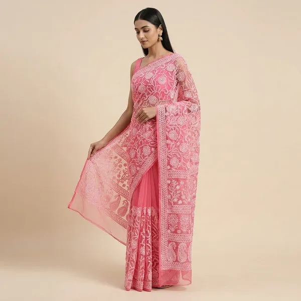 Coral_Pink_Chikankari_Saree_With_Jaal_Hand_Embroidery